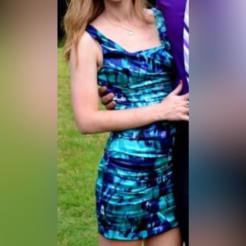 Express Design Studio Purple/Blue Jewel-Tone Silk Ruched Mini Dress